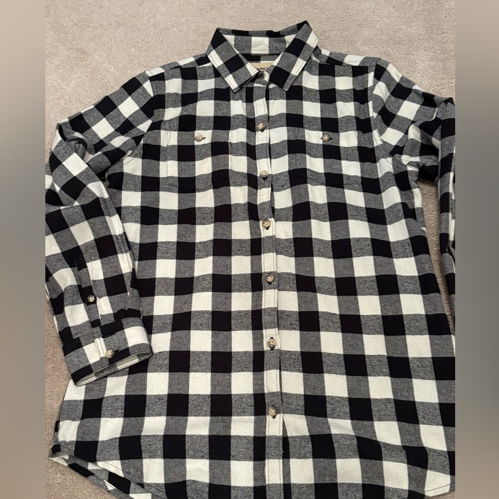 Womens Small Backpacker Flannel Black White Checkered Shirt Button Down